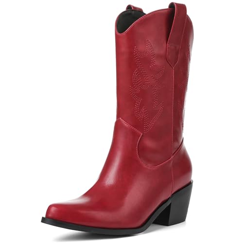 VIMISAOI Womens Cowboy Boots Comfortable Retro Pull On Pointed Toe Wide Calf Long Tall Block Chunky Heel Embroidered Western Cowgirl Mid Calf Boots