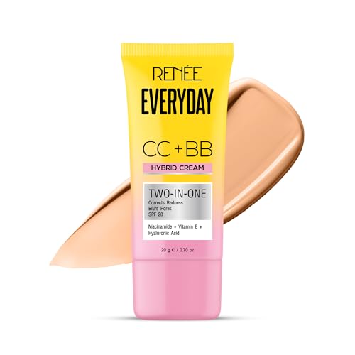 RENEE Everyday CC + BB Hybrid Cream With SPF 20 – Hot Coffee | Corrects Redness, Blurs Pores, Refines Skin Tone, Hydrates Skin | With Niacinamide | Lightweight, Buildable Coverage | 20 g