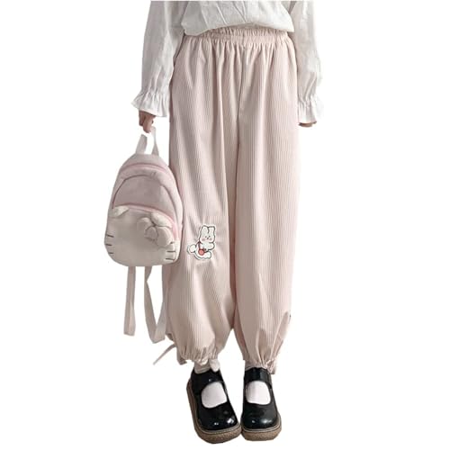 Image of Cute Corduroy Kawaii Embroidery Wide Leg Pants Lolita Loose Japanese Style Teen Girls Stretch Casual Trousers
