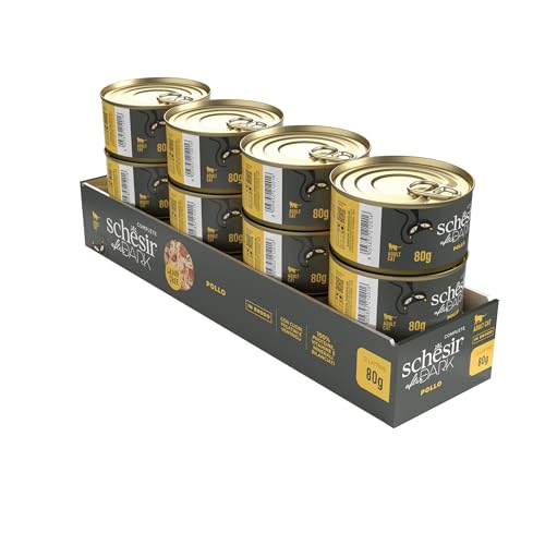 Schesir After Dark Hähnchenfilets in Brühe, komplettes Nassfutter für Katzen, aus der Dose, Grain frei, hoher Proteingehalt, feuchtigkeitsspendend, 12 x 80 g