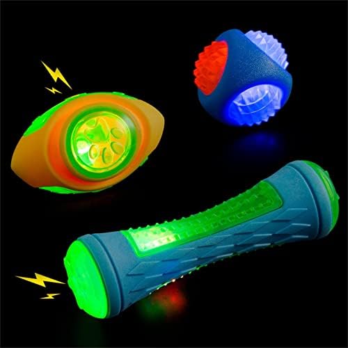 Light Up Dog Chew Toys, Chew Toys for Medium/Large Dogs, Light Up Ball, Football and Bone Toy for Dogs, Squeaky Dog Toys for Puppies Teething (3 Pack)