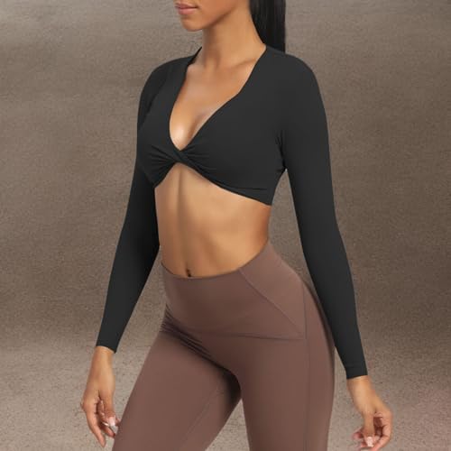 Image of Aoxjox Sienna Twist Deep V Training Women's Long Sleeve Crop Top