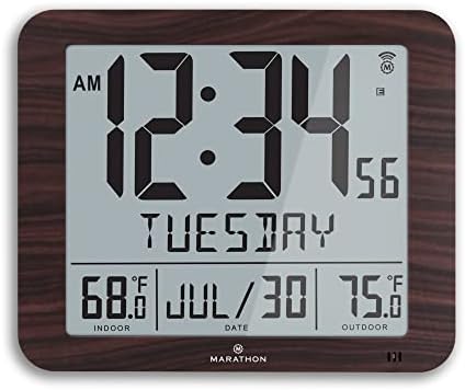 Marathon Slim Atomic Wall Clock, Wood Finish - Large 10-Inch Full Calendar Display with Indoor/Outdoor Temperature. AM/PM or 24-Hour Format, 7 Time Zones - Four AA Batteries Included