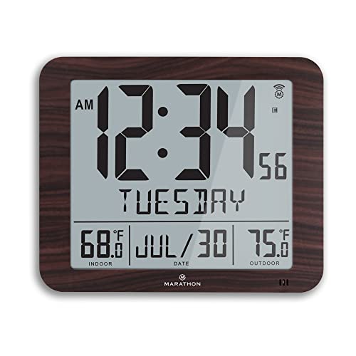 Marathon Slim Atomic Wall Clock, Wood Finish - Large 10-Inch Full Calendar Display With Indoor/Outdoor Temperature. Am/Pm Or 24-Hour Format, 7 Time Zones - Four Aa Batteries Included #TOP4
