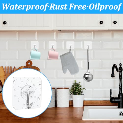 Image of MAQUITA 200 Pack Adhesive Wall Hooks 24lb(Max) Self Adhesive Hooks Heavy Duty,Transparent Reusable Wall for Hanging for Kitchens, Bathroom, Office