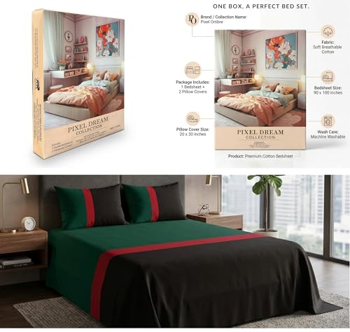 Image of VAS COLLECTIONS Premium Cotton Bedsheet for Double Bed with 2 Pillow Covers - Soft, Breathable & Wrinkle Resistant Cotton Bedding Set, King Size Bed Sheet 90 x 100 Inches (Green Black)
