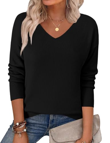 Zeagoo Pullover Damen Strickpullover Elegant Langarm V-Ausschnitt Sweatshirt Fledermausärmel Oberteile Herbst Winter 2025 Schwarz L