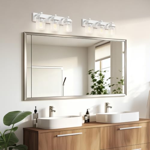 Image of White Bathroom Light Fixtures, 3 Lights Bathroom Lighting Fixtures Over Mirror, Square Design & Rectangle Large Backplate, Modern Vanity Lighting Fixtures, for Bathroom /Living Room /Bedroom