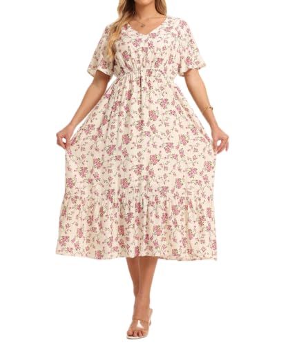 Image of Women's Summer Short Sleeve Maxi Floral Flowy Dresses with Pockets