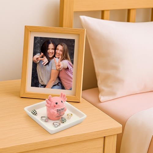Image of Sister Birthday Gifts for Sister, Pink Ceramic Axolotl Ring Holder Dish | Cute Pink Axolotl Jewlery Tray with 'I love you axolotl' Birthday Christmas Gift for Sister from Brother