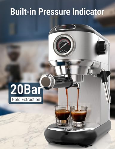 Image of COSTAR 20 Bar Espresso Coffee Machine with Steam Wand, Stainless Steel, 1350W Quick Heating Coffee Maker Machine for Home,Pressure Indicator, Compact Espresso Maker for Home Barista for Espresso /Latte