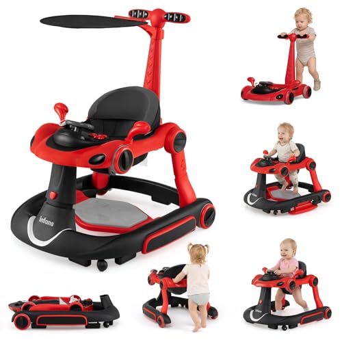 Image of INFANS 6-in-1 Foldable Baby Walker, Converts Push Car to Bouncer, Rocker with Music, Lights, Adjustable Height & Speed, Activity Center, Canopy for 7-18 Months (Red)