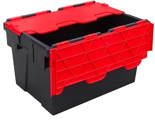 Pack of 1 - Plastic 65 Litre Heavy Duty Storage Box Tote Crates (60 x 40 x 36.5cm) Plastor Black with Red Attached Hinged Lids