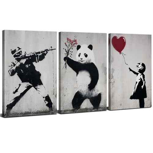 3Pcs Impression sur Toile Noir et Blanc Tableau Vintage Banksy Décoration Murale de Panda et de...
