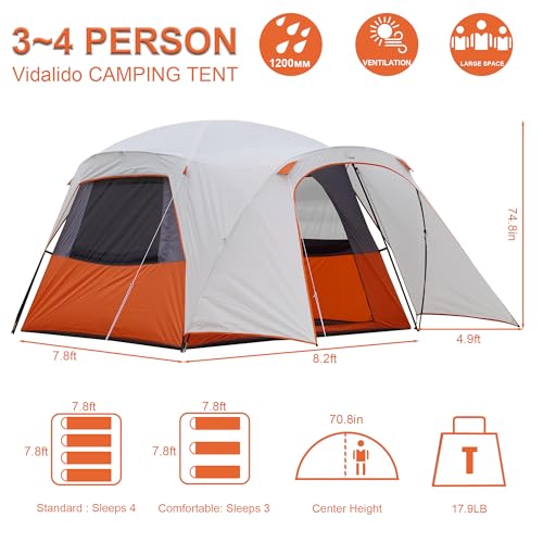 Vidalido 3-4 Person Tent with 1 Mesh Door and 2 Large Mesh Window, Double Layer Waterproof Portable Family Cabin Tent, 4 Person Tents for Outdoor Camping Hiking - Thumbnail 4
