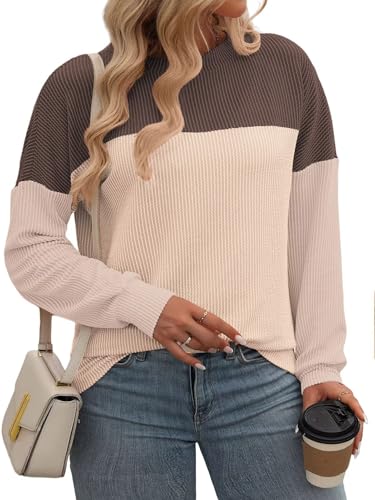 DOLNINE Plus-Size-Tops-for-Women Fall Casual Long Sleeve Shirts Oversized Color Block Crewneck Sweatshirts Ribbed Knit Tunic3