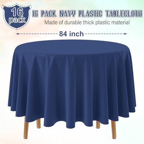 Image of 16 Pack Navy Blue Plastic Tablecloth for Round Tables, Premium Decorative Navy Blue Disposable Table Cloths for Parties, Navy Round Party Table Cover for Birthday Wedding Banquet Event, 84 Inch