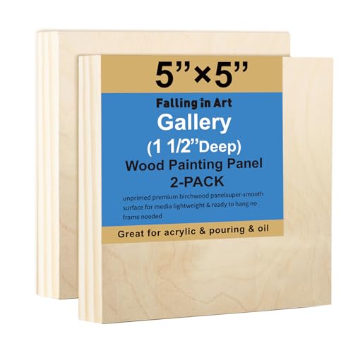Falling in Art 2 Pack Unfinished Wooden Canvas Panels, 5x5 Gallery Birch Wood Panels Kit, 1 1/2' Deep Art Cradle Boards for Acrylic Painting, Pouring and Burning