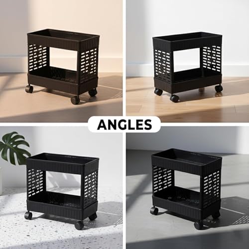 Image of 2-Tier Rolling Storage Cart with Wheels | Multipurpose Plastic Organizer Trolley for Kitchen, Bathroom, Office & Home |Black (1 Pcs, 2 Layer)
