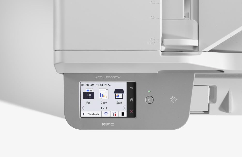 Brother MFCL2980DW Monochrom-Laser-Multifunktionsgerät mit 34 Seiten pro Minute, automatisches beidseitiges Drucken und Kopieren, kabelgebundenes Netzwerk, WLAN und NFC, 8,8 cm Touchscreen-Display,