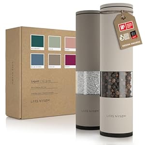 LARS NYSØM Salt and Pepper Mills Set Stainless Steel with Adjustable Ceramic Grinder 2 pieces I Design Spice Mills Set Manual (Greige/Buttercream)