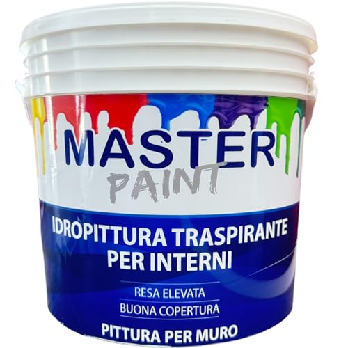 MASTERBRICO Pittura Bianca per Interni 1Litro - Pittura Traspirante All’Acqua VOC Free a Elevato Punto di Bianco, Forte Copertura per Muri Interni - Ideale Ambienti Umidi e Pubblici