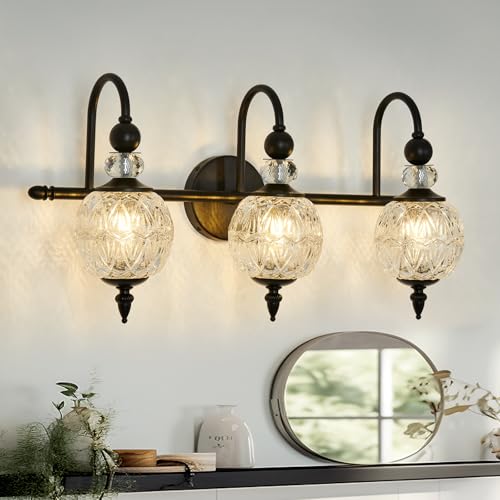 Piepooye Lámpara de baño vintage negra con pantalla de globo de cristal, 3 luces, bombilla G9 de mediados de siglo, lámpara de pared para interior, sobre espejo, cocina, dormitorio, casa de campo