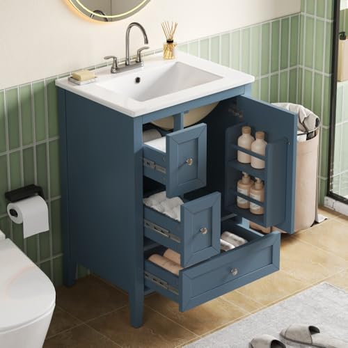 Virubi 24in Bathroom Vanity with Sink, Modern Wood Bathroom Sink Cabinet with Soft Closing Door & Drawers, Freestanding (Blue Gray)