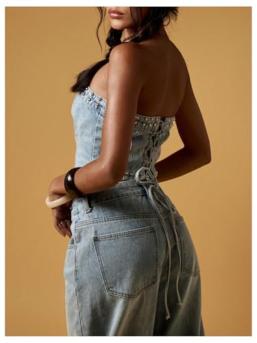 MakeMeChic Women's Studded Denim Tube Top Lace Up Strapless Summer Y2K Bandeau Shirt4