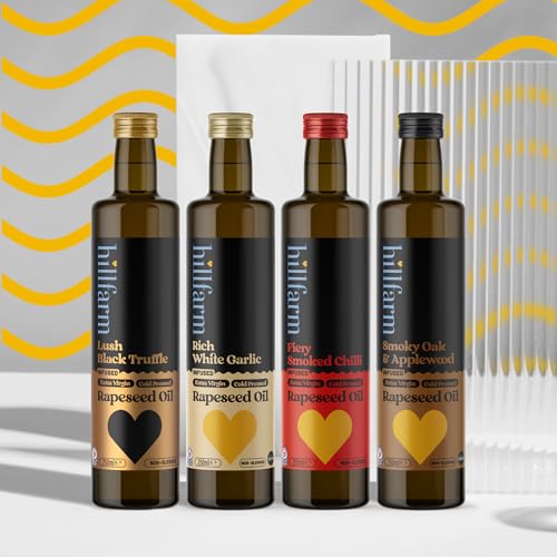 Hillfarm Infused Oil Collection - 4 x 250ml | Flavoured Oils for Cooking Gift Set for Dressing & Dipping | Low in Saturated Fat | High in Omega 3 | Chilli Garlic Truffle & Smoked Rapeseed Oil