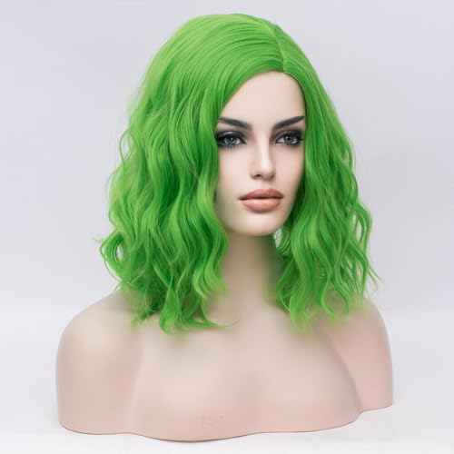 Image of BERON Green Wigs for Womens Short Curly Wavy Wig Girls Light Green Side Part Wig Shoulder Length Heat Resistant Synthetic Cosplay Party or Daily Use Wigs