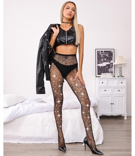 Image of Sparkly Tights, Spiderweb Tights, Sexy High Waist Sparkly Fishnet Tights - Premium Women's Stretchy Fishnet Stockings for Women, Trendy and Comfortable Halloween