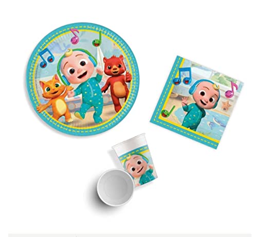 Lote de Cubiertos Infantiles Decorativos"COCOMELÓN" (16 Vasos, 16 Platos y 20 Servilletas) .Vajillas y Complementos. Juguetes para Fiestas de Cumpleaños, Bodas, Bautizos y Comuniones. AB Cover