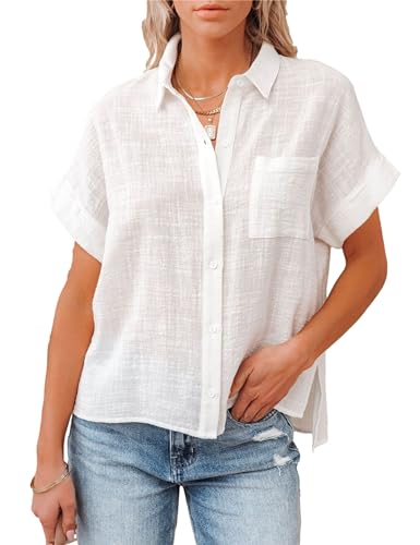 Women's Cotton Linen Button Down Short Sleeve Shirt 2025 Summer Linen Tops Blouses with Pocket ﻿