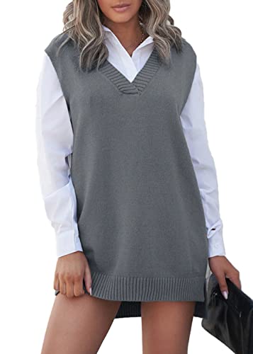 Femenino Tejer Suéter Chaleco Escote En Sin Mangas Sólido Suelto Suéter Chalecos Chaleco Gris XXL Cover