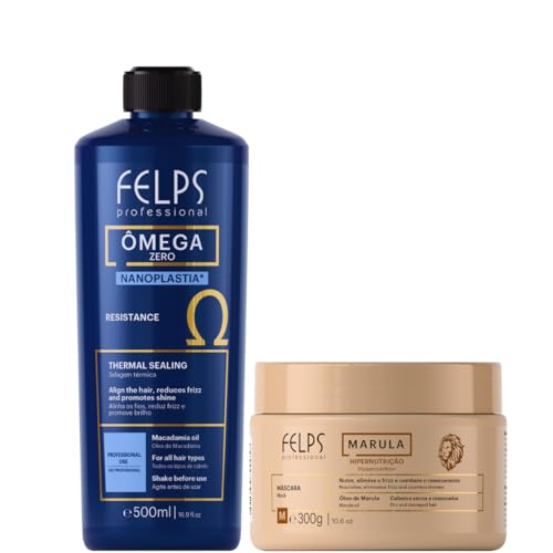 Kit Felps Professional Omega Zero Nanoplastia Thermal Sealing Treatment 500ml with Marula Hyper-Nourishing Hair Mask 300g, Hair Straightening
