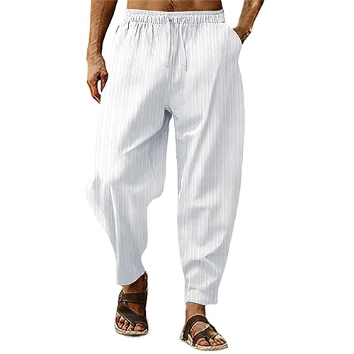 Pantalones de kimono japoneses tradicionales para hombres harem casual holgados elásticos con cordón de ajuste para hombre holgado, cintura elástica, pantalones casuales cómodos, blanco, XXL