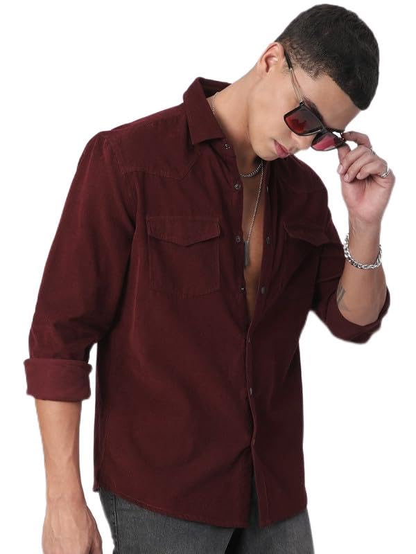 vastrado Men's Aesthetic Maroon Double Flap Pocket Corduroy Overshirt| Premium 100% Cotton Fabric | Classic Full Sleeves Casual Shirt for Men-picture-19