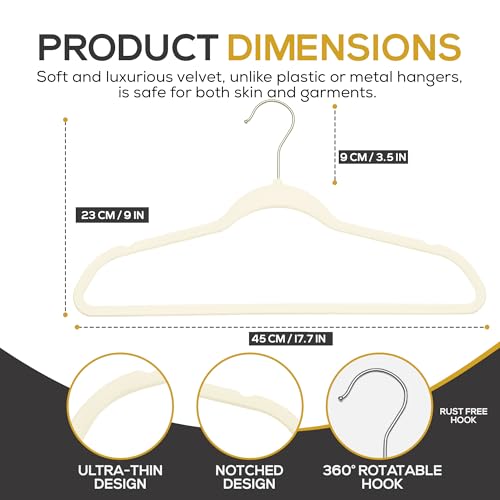 Image of Techzoo 50 Pack New Premium Quality Velvet Hangers Ultra Thin Non Slip Adult Felt Space Saving Hangers for Closet Heavy Duty Coat Pants Jackets Dress Hangers 360 Swivel Hook Hold Upto 10 lbs Ivory