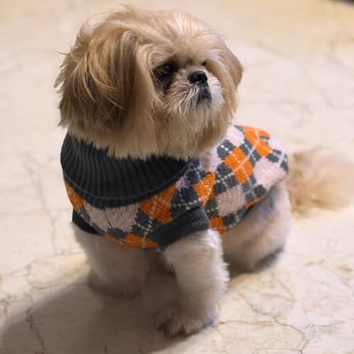 Image of Lulala Dog Sweater for Winter - Soft Grey Orange and Grey Argyle Pattern, Warm Knit Sweater for Small to Medium Breeds, Cozy Dog Clothes