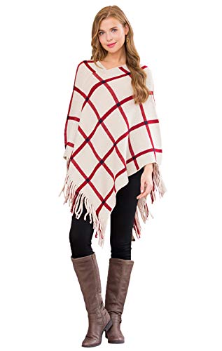 Knit Poncho Fringe Tassel Shawl Wrap - Warm Sweater Pullover Top Stripe Turtleneck, V-Neck Checkered Buffalo Plaid (Windowpane - Beige)