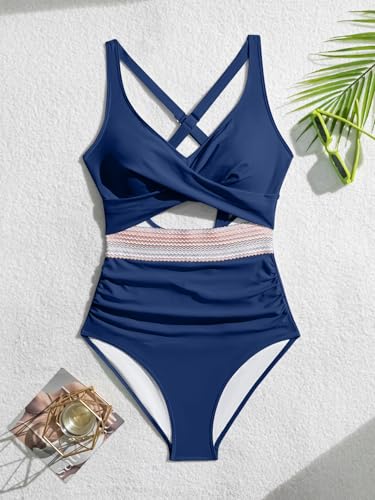 Image of B2prity Women's One Piece Swimsuit Tummy Control High Waisted Bathing Suit | Color Block,Removable Soft Cups,Cutout,V neck,Full Coverage,Adjustable Criss Cross Straps,Tie Back