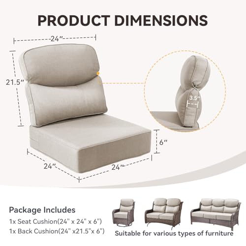 Image of Luxury 6-Inch Outdoor Chair Cushions - 24 inch* 24 inch Patio Furniture Cushions with Dual Layer Back Support & Removable Cover, 28D High Density Sponge Patio Cushion for Outdoor Furniture Couch Beige