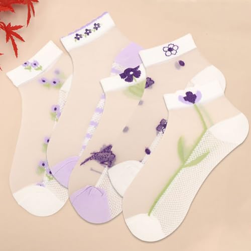 Image of Womens Girls Nylon Socks Sheer Summer Transparent Ankle Socks Mesh Thin Novelty Socks Lilac Flower
