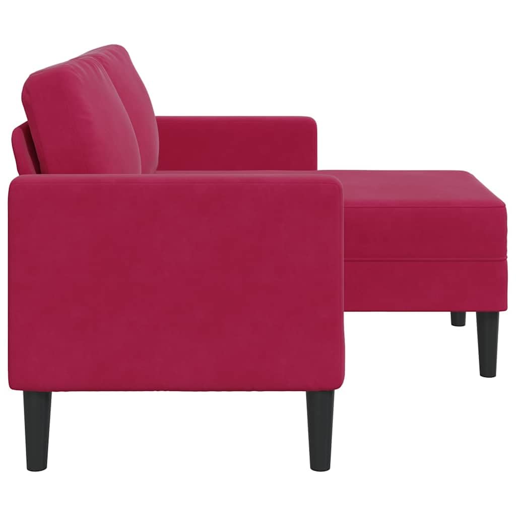 Sofá de 2 plazas con chaise longue en forma de L, color rojo vino, 125 cm, terciopelo y patas de metal, sofá de salón acogedor