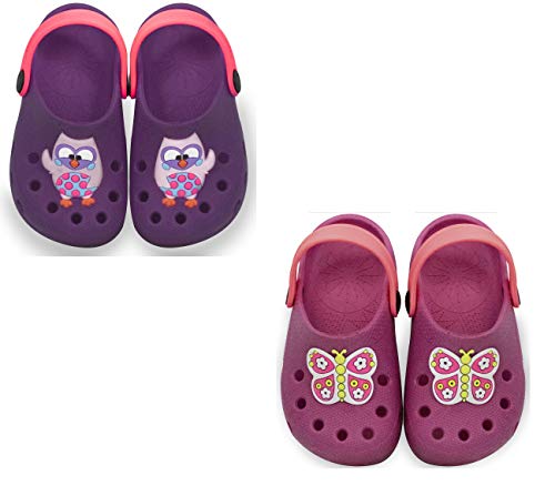 Kit com duas Sandalia Babuche Feminino Infantil Menina Calce Fácil - Coruja Roxa e Borboleta Rosa -