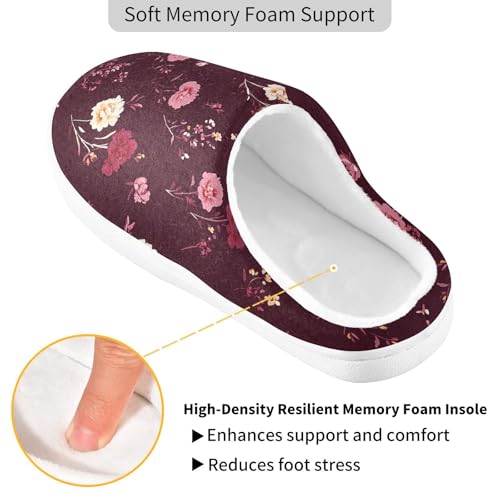JUNZAN Flowers Carnation Iris Peonies Burgundy Cotton Slippers for Men Comfort Memory Foam Bedroom Shoes for Spa Birthday Presents 6-72