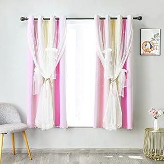 Jianyana Premium Blackout Curtains for Kids Bedroom Eyelet Romantic Children Bedroom Curtains girls Star Pattern Double Layers Curtains with Net Thermal Blackout Curtain for Living Room, 2 Pieces