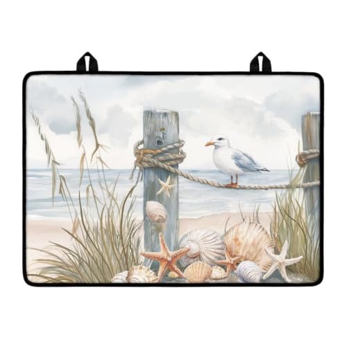 Image of Glass Ceramic Top Stove Cover Flat Cooktop Mat Range Covers for Electric Stove Anti-Scratch Induction Stove Top Protector Mat, 29 x 21 Inch, Starfish Shell Seagull Grass Wooden Pile Beach