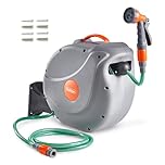 VonHaus Hose Reel 30m – Wall Mounted Hose Reel for Garden, Retractable, Auto Lock and Auto Rewind, Includes Wall Fixings and 8 Function Spray Gun, 180° Pivot Swivelling, Long Reach, Outdoor Watering